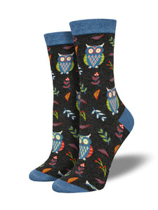 Cute Hoot Owl Socks - MED - Charcoal w/Blue