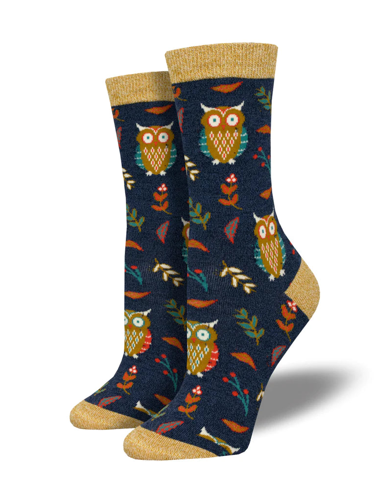 Cute Hoot Owl Socks - MED - Navy w/Gold